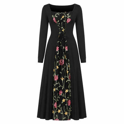 ⏰🔥 ¡50% OFF POR TIEMPO LIMITADO! 👗🌸 Vestido Largo Bordado Floral para Mujer – Escote Cuadrado, Corte Favorecedor y Elegancia Bohemia