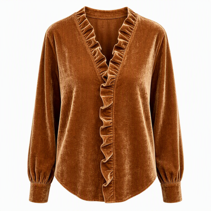 ⏰🔥 ¡50% OFF POR TIEMPO LIMITADO! 👚✨ Blusa Elegante de Terciopelo con Volantes para Mujer – Estilo Vintage, Tejido Suave y Diseño Sofisticado