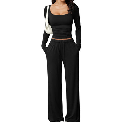 Conjunto para mujer de top de cuello cuadrado y pantalones de pierna ancha