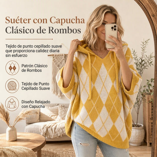 Jersey de punto con capucha a cuadros informal para mujer