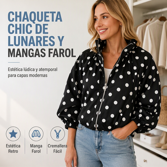 ⏰🔥 ¡50% OFF POR TIEMPO LIMITADO! 🧥 Cazadora de Lunares con Mangas de Farol para Mujer – Estilo Retro, Corte Oversize y Elegancia Moderna