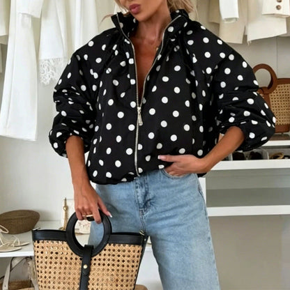 ⏰🔥 ¡50% OFF POR TIEMPO LIMITADO! 🧥 Cazadora de Lunares con Mangas de Farol para Mujer – Estilo Retro, Corte Oversize y Elegancia Moderna