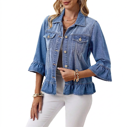 ⏰🔥 ¡50% OFF POR TIEMPO LIMITADO! 🧥 Chaqueta Vaquera Corta con Volantes para Mujer – Estilo Vintage, Corte Peplum y Diseño Femenino Moderno