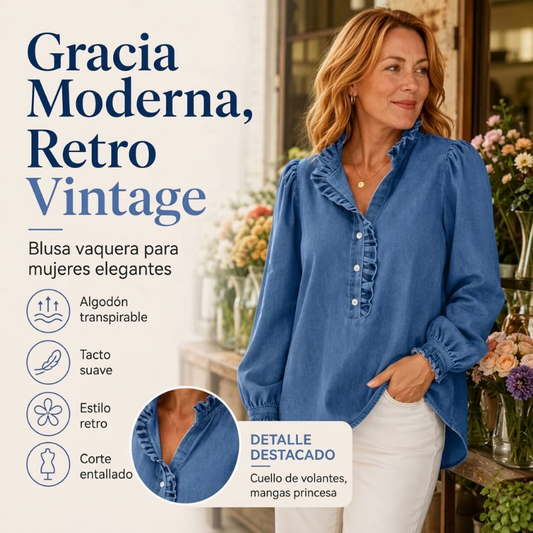 ⏰🔥 ¡50% OFF POR TIEMPO LIMITADO! 👚✨ Top de Mezclilla para Mujer con Cuello de Volantes y Mangas Abullonadas – Estilo Femenino, Diseño Elegante y Comodidad Diaria 💙