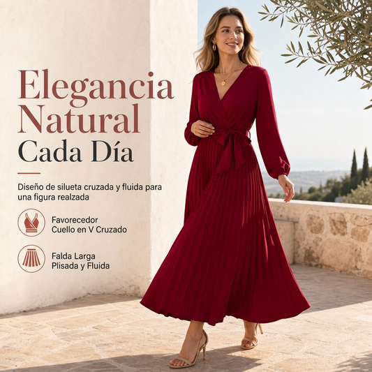 ⏰🔥 ¡50% OFF POR TIEMPO LIMITADO! 👗 Vestido Largo Plisado Elegante para Mujer – Cuello de Pico Cruzado, Cintura Alta y Caída Fluida ✨