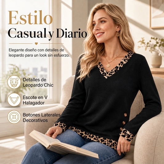 Top de punto de manga larga con cuello en V para mujer