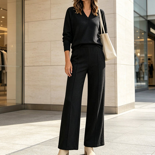 Conjunto casual de mujer: top de cuello en V y pantalones de pierna ancha