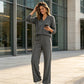 Conjunto casual de mujer: top de cuello en V y pantalones de pierna ancha