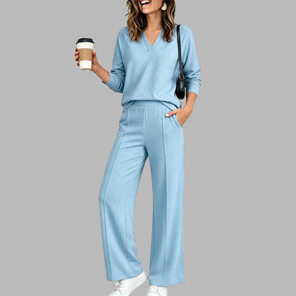 Conjunto casual de mujer: top de cuello en V y pantalones de pierna ancha