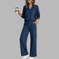 Conjunto casual de mujer: top de cuello en V y pantalones de pierna ancha