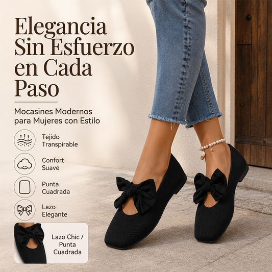Zapatos planos de mujer de puntera cuadrada con lazo de punto