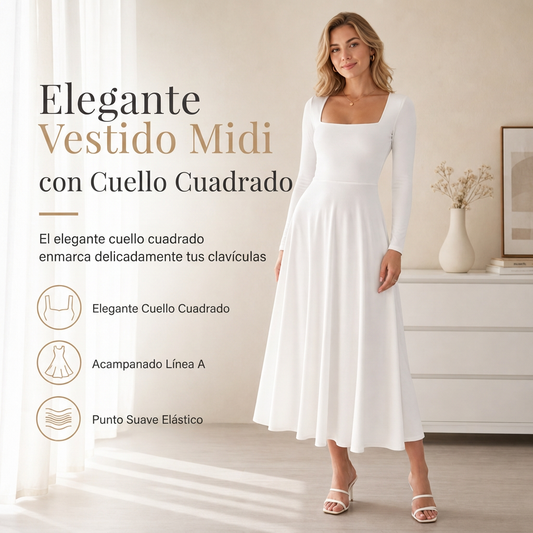 Vestido de mujer de manga larga con cuello cuadrado y corte A