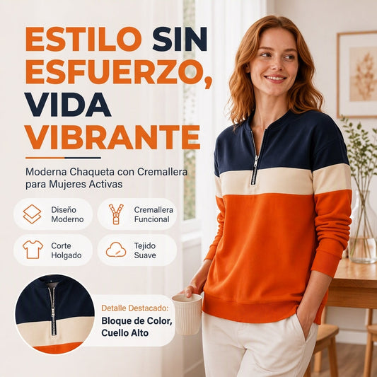 🧥🔥 ¡50% OFF POR TIEMPO LIMITADO! Sudadera de Media Cremallera para Mujer con Bloques de Color – Cálida, Cómoda, Moderna y Fácil de Combinar ✨