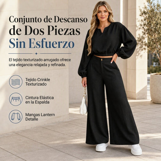Conjunto de ropa casual para mujer: top corto de cuello V con mangas de farol y pantalones de pierna ancha de cintura alta