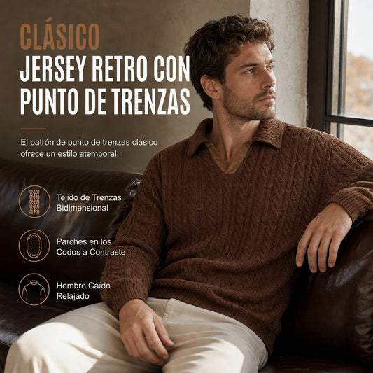 🧶🔥 ¡50% OFF POR TIEMPO LIMITADO! Jersey de Punto Trenzado para Hombre – Cálido, Corte Relajado, Parches de Codo y Estilo Vintage ✨