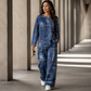 🔥 ¡50% OFF POR TIEMPO LIMITADO! 👖 Conjunto Mujer de Estampado Vaquero con Top y Pantalón de Pierna Ancha – Cómodo, Retro y Elegante ✨