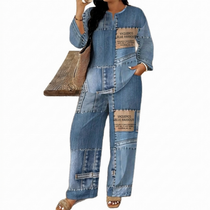 🔥 ¡50% OFF POR TIEMPO LIMITADO! 👖 Conjunto Mujer de Estampado Vaquero con Top y Pantalón de Pierna Ancha – Cómodo, Retro y Elegante ✨