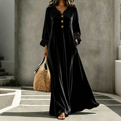 Vestido maxi de terciopelo elegante para mujer con manga de volante