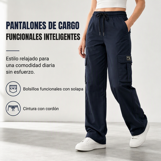Pantalones cargo de mujer de corte relajado de pernera recta con cintura elástica con cordón y bolsillos utilitarios laterales