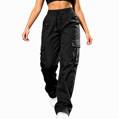Pantalones cargo de mujer de corte relajado de pernera recta con cintura elástica con cordón y bolsillos utilitarios laterales