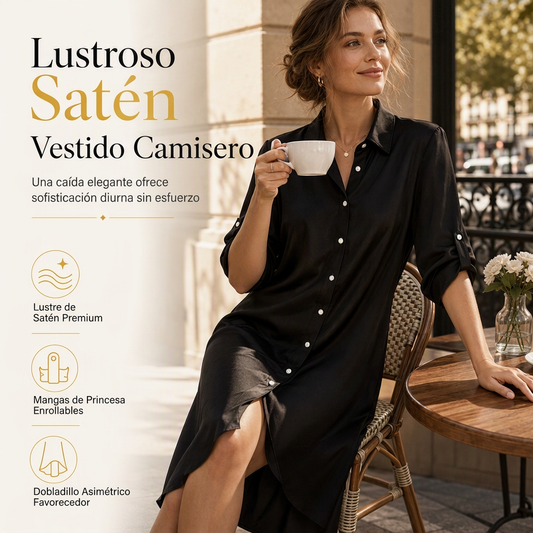 Camisa formal de satén de color liso para mujer con botones y mangas de diseño moderno
