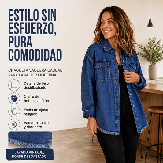 🔥 ¡50% OFF POR TIEMPO LIMITADO! 👖 Chaqueta Vaquera Mujer Lavada con Dobladillo Desgastado – Estilo Casual, Moderno y Versátil ✨