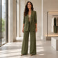 Conjunto de chaqueta de traje de cuello chal y pantalones de pierna ancha para mujer