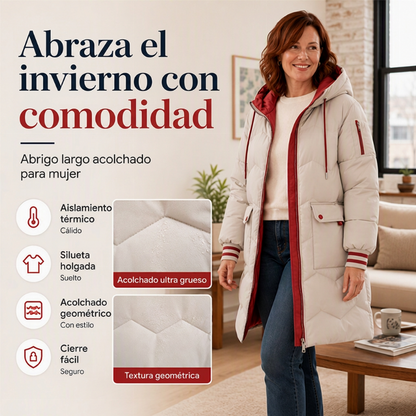 Abrigo acolchado con capucha de longitud media-larga para mujer
