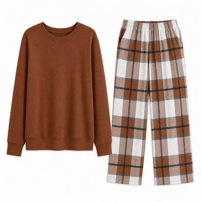 Conjunto de sudadera de cuello redondo informal suave para mujer y pantalones de pierna ancha