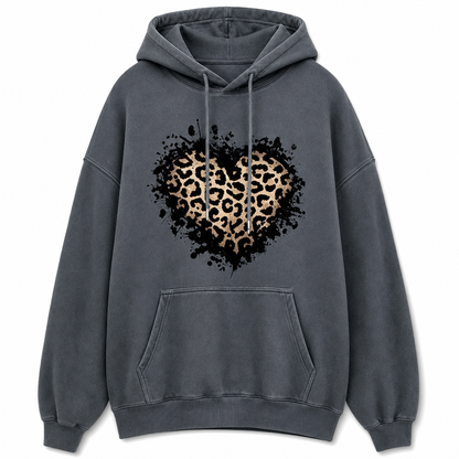 Sudadera con capucha de forro polar informal para mujer con estampado de corazón de leopardo y bolsillo canguro