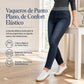 Jeans de mezclilla de lavado oscuro para mujer, corte ajustado, tiro alto, tipo pull-on y cinturilla elástica ancha