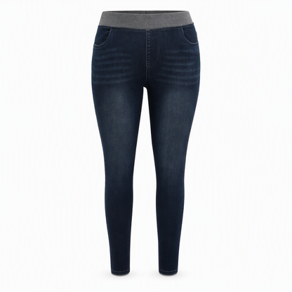 Jeans de mezclilla de lavado oscuro para mujer, corte ajustado, tiro alto, tipo pull-on y cinturilla elástica ancha
