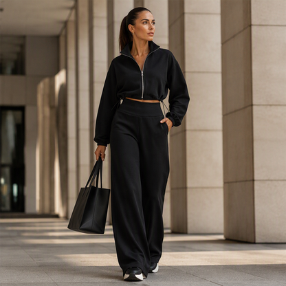 🔥 ¡50% OFF POR TIEMPO LIMITADO! 👚 Conjunto Deportivo de Sudadera Corta con Cremallera y Pantalón de Pierna Ancha para Mujer – Cómodo, Moderno y Elegante ✨