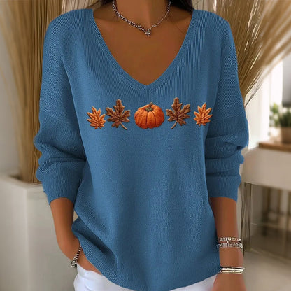 🔥 ¡50% OFF POR TIEMPO LIMITADO! 🎃 Top de Manga Larga con Estampado de Calabaza para Mujer – Cuello V, Cómodo y Estilo Otoñal ✨