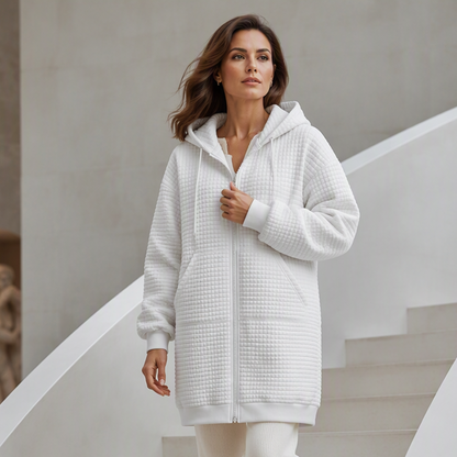 🔥 ¡50% OFF POR TIEMPO LIMITADO! 🧥 Chaqueta Larga con Capucha de Punto Gofrado para Mujer – Textura Elegante, Cómoda y Cálida ✨