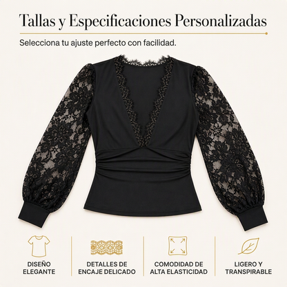 🔥 ¡50% OFF POR TIEMPO LIMITADO! 👚 Top de Encaje con Cuello V Profundo y Manga Larga para Mujer – Elegante, Femenino y Sofisticado ✨