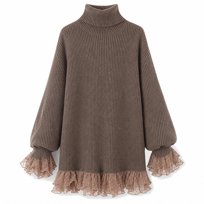 🔥 ¡50% OFF POR TIEMPO LIMITADO! 👗 Vestido Suéter Oversize con Cuello Alto y Volantes de Tul – Cálido, Femenino y Elegante ✨