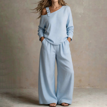 🔥 ¡50% OFF POR TIEMPO LIMITADO! 👗 Conjunto Elegante de Un Hombro y Pantalón de Pierna Ancha para Mujer – Sofisticado, Cómodo y Favorecedor ✨