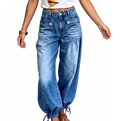 Jeans de mujer de talle alto estilo globo con puños con cordón