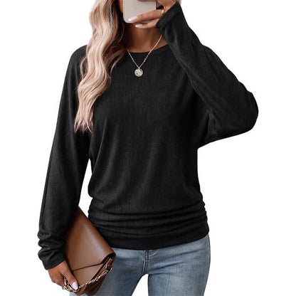Suéter de punto de manga larga y cuello redondo holgado casual para mujer, con diseño de hombro caído, alas de murciélago y fruncido lateral