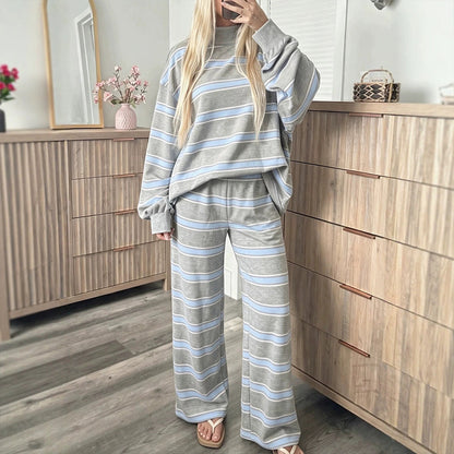 🔥 ¡50% OFF POR TIEMPO LIMITADO! 👚👖 Conjunto de 2 Piezas para Mujer con Top de Cuello Alto a Rayas y Pantalón de Pierna Ancha – Elegante, Cómodo y Moderno ✨