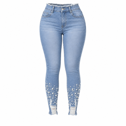 🔥 ¡50% OFF POR TIEMPO LIMITADO! 👖✨ Jeans Ajustados Azul Claro con Detalles de Perlas para Mujer – Elásticos, Favorecedores y con Mucho Estilo 💎